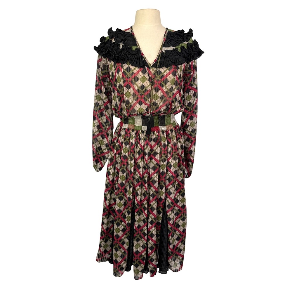 Diane Fres Argle Pattern Ruffled Collar‎ Sheer Georgette Midi Dress